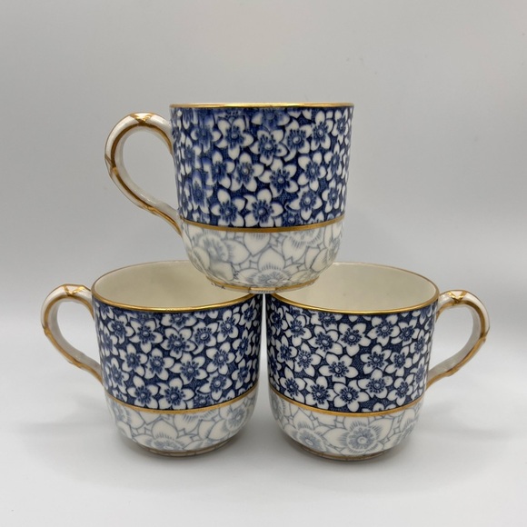 Rare Antique Royal Worcester Blue/White Floral Porcelain Demitasse Cups Set of 3 - Picture 1 of 16
